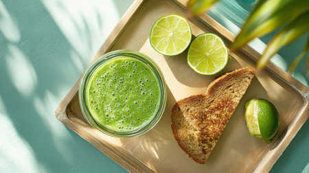 Enjoy a refreshing avocado smoothie served in a clear cup with lime slices and toast, perfect for a healthy breakfast or snack. Vibrant colors and natural ingredients.の素材