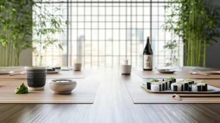 A serene traditional Japanese table setting featuring assorted dishes, including sushi and beverages, set against a backdrop of bamboo decor. Perfect for showcasing cultural dining experiences.の素材