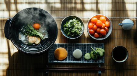 A beautiful traditional Japanese Shabu Shabu setup featuring fresh ingredients, steaming broth, and vibrant vegetables, perfect for a cozy dining experience.の素材