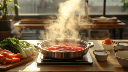 A vibrant traditional shabu shabu setup showcasing steaming broth and fresh ingredients. Perfect for culinary enthusiasts looking to explore Asian cuisine.の素材
