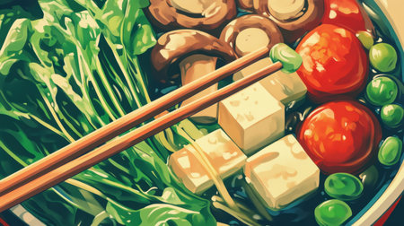 A vibrant, close-up view of a bowl featuring mushrooms, tofu, and fresh greens. The colorful ingredients create an inviting and healthy meal.の素材