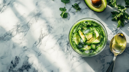 This vibrant green smoothie featuring avocado and mint is served in a transparent cup, set against a stylish marble surface, perfect for a healthy lifestyle.の素材