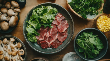 A beautiful arrangement of fresh ingredients for shabu shabu, featuring vibrant greens, mushrooms, and sliced meat. Ideal for culinary presentations and recipes.の素材