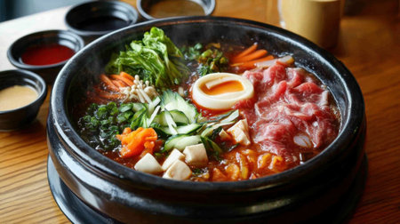 Enjoy a vibrant Shabu Shabu hotpot simmering with fresh ingredients, including vegetables, meat, and tofu, perfect for a delicious communal dining experience.の素材
