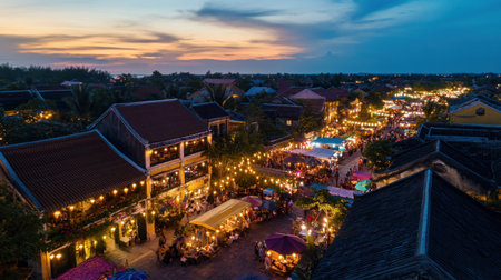 Experience the vibrant atmosphere of a night market in Hoi An, where colorful stalls illuminated by twinkling lights create a lively backdrop for local culture and cuisine.の素材
