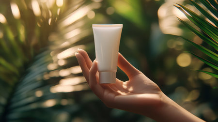 A woman's hand elegantly presents a white cosmetic tube against a vibrant green palm backdrop, highlighting beauty and freshness. Perfect for skincare promotions.の素材