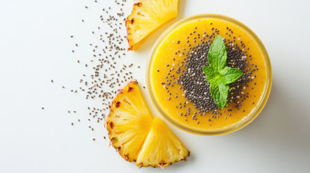 A vibrant tropical smoothie in a glass bowl, featuring bright yellow tones and topped with chia seeds and mint, accompanied by pineapple slices. Perfect for health enthusiasts!の素材