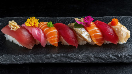 An exquisite assortment of sushi including nigiri and sashimi, artfully presented on a dark slate platter, showcasing vibrant colors and fresh ingredients. Perfect for culinary enthusiasts.の素材