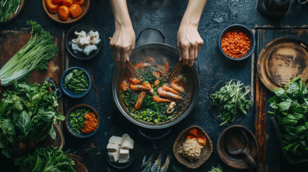 A vibrant spread of fresh ingredients for a delicious Shabu Shabu meal. Colorful vegetables, seafood, and herbs create a delightful cooking experience.の素材