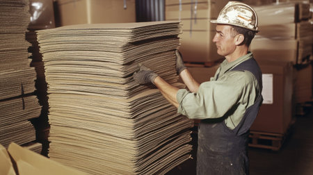 A diligent worker carefully lifts a stack of folded cardboard in a warehouse setting, showcasing the effort and precision involved in manual labor.の素材