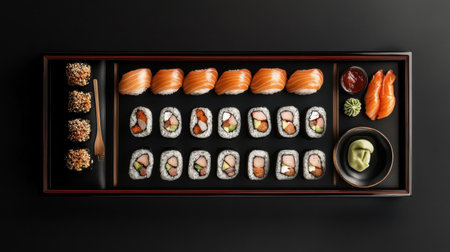 An artistic overhead shot showcasing a beautiful sushi mix, featuring an array of sushi rolls, sashimi, and accompaniments elegantly arranged on a sleek black tray.の素材