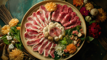 Experience a vibrant Japanese hot pot spread showcasing thinly sliced meats and fresh vegetables, beautifully arranged with colorful flowers for a delightful meal.の素材