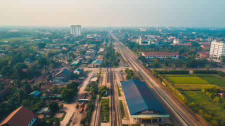 Discover an aerial view of the Lao China Railway Station, showcasing the expansive railway tracks, surrounding greenery, and urban development, perfect for travel enthusiasts.の素材