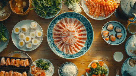 This vibrant overhead shot showcases a colorful Shabu Shabu spread, featuring fresh seafood, vegetables, and delicate arrangements perfect for a delightful dining experience.の素材