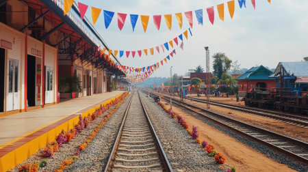 Experience the vibrant atmosphere of the Lao China Railway station, adorned with colorful flags and blooming flowers, creating a picturesque travel destination.の素材