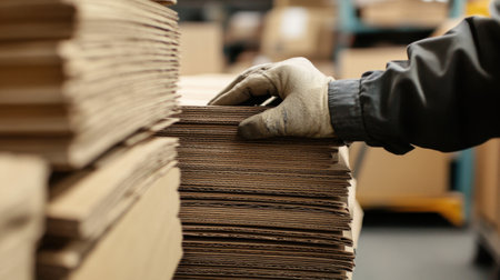 A worker carefully picks up a stack of neatly folded cardboard, showcasing the diligent efforts in an organized warehouse environment.の素材