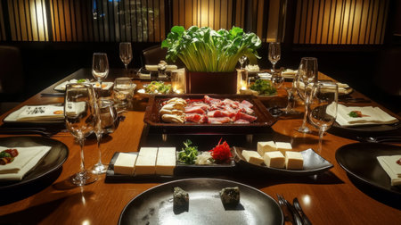 A beautifully arranged table at an elegant Japanese restaurant, featuring Shabu ingredients such as fresh meat, vegetables, and sauces, perfect for a gourmet dining experience.の素材