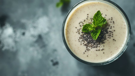 This creamy avocado smoothie is beautifully presented in a glass cup, garnished with mint and chia seeds, making it a refreshing, healthy drink perfect for any time of day.の素材