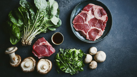 A vibrant arrangement of fresh ingredients for shabu shabu includes thinly sliced meat, mushrooms, and leafy greens, perfect for healthy cooking and delicious meals.の素材