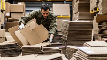 A warehouse worker meticulously picks up and arranges cardboard boxes, showcasing diligent organization and efficiency in a busy storage environment.の素材