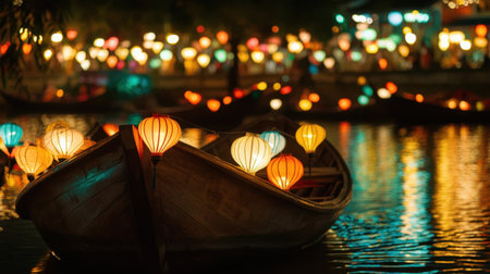 Traditional wooden boats illuminated by colorful lanterns float on the Thu Bon River at night, creating a serene and enchanting scene in Hoi An.の素材