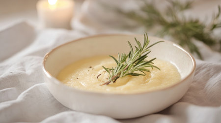 A beautifully composed image of creamy polenta garnished with fresh rosemary, set in warm lighting on a soft fabric backdrop, capturing a cozy dining experience.の素材