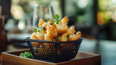A beautifully arranged basket filled with crispy snacks, garnished with herbs, perfect for an appetizing dining experience in a restaurant setting.の素材