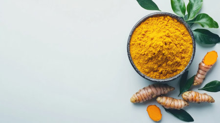 A bowl filled with vibrant golden turmeric powder, surrounded by fresh turmeric roots and green leaves, showcasing the spice's natural beauty and health benefits.の素材