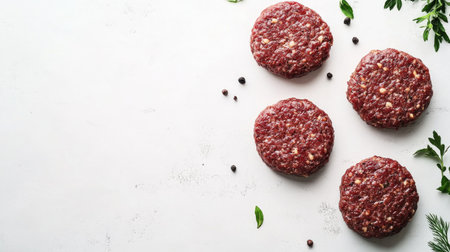 Four fresh raw burger patties arranged on a light background, perfect for culinary displays and cooking preparation. Ideal for food photography and recipes.の素材
