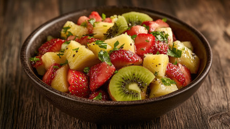 A vibrant bowl of colorful fruit salad featuring juicy strawberries, kiwi, and pineapple. Perfect for a fresh and healthy snack or dessert option.の素材