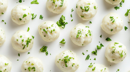 Enjoy a close-up view of freshly cooked dumplings garnished with herbs, showcasing their texture and inviting presentation perfect for any meal.の素材