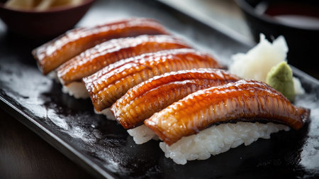 This enticing image showcases an arrangement of unagi eel nigiri sushi, highlighting the rich colors and textures, perfect for food lovers and culinary enthusiasts.の素材