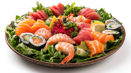 This vibrant salad showcases an assortment of fresh sashimi and shrimp, artfully arranged on a bed of greens. Perfect for a gourmet dining experience!の素材