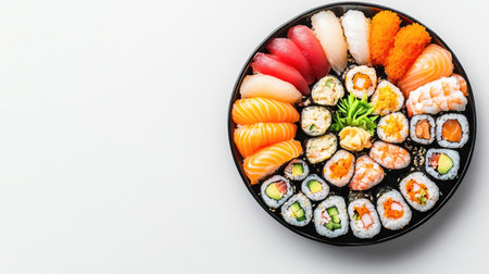 A top-down shot of a vibrant sushi platter featuring a variety of fresh sushi rolls and sashimi, perfect for gourmet dining experiences and appetizing meal presentation.の素材