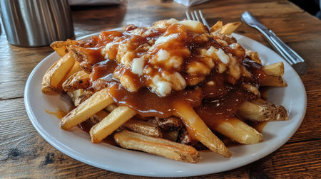 This classic dish features thick cut fries topped with rich gravy and melted cheese curds, perfect for a hearty meal or indulgent snack. Enjoy the comfort food experience!の素材
