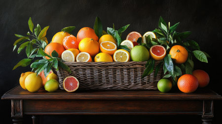 A beautifully arranged wicker basket filled with a variety of fresh citrus fruits, showcasing vibrant colors and textures, ideal for home decoration and culinary inspiration.の素材