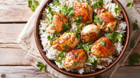 A close-up view of a delicious chicken biryani served in a bowl, garnished with fresh herbs, resting on a wooden table, perfect for a comforting meal.の素材