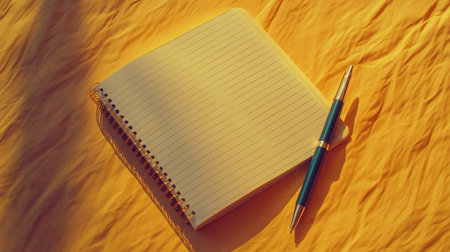 A blank lined notebook lies flat on a vibrant yellow surface. A blue pen is placed beside it, creating an inviting workspace ready for writing and inspiration.の素材