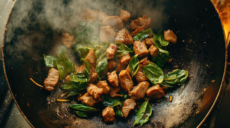 A sizzling stir-fry in a wok features tender meat and vibrant basil, captured in a steamy atmosphere, showcasing culinary artistry and fresh ingredients.の素材