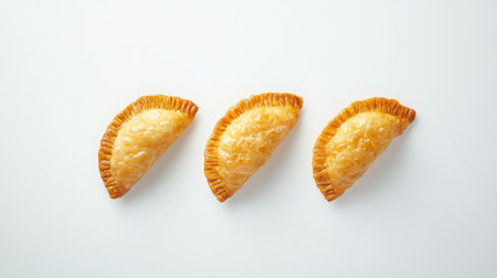 Three golden brown empanadas displayed on a white surface. These delicious pastries are crispy, flaky, and perfect as an appetizer or snack. Ideal for sharing!の素材