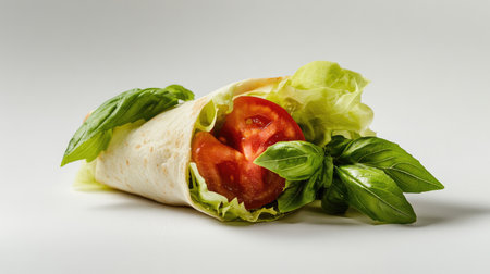 A beautifully arranged close-up of a basil and tomato wrap, showcasing fresh ingredients and vibrant colors, perfect for healthy meal ideas.の素材