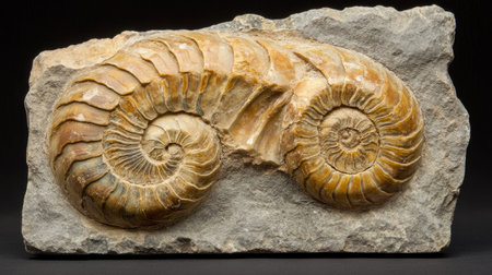 A detailed close-up of a stone surface featuring fossil formations, showcasing the intricate textures and patterns of ancient natural history. Perfect for educational and artistic use.の素材