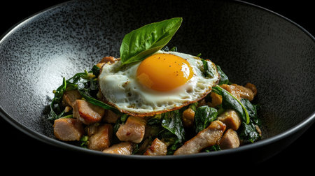 A mouthwatering stir-fried basil dish featuring succulent chicken pieces, topped with a perfectly fried egg, showcasing vibrant colors and rich flavors. Perfect for a satisfying meal.の素材