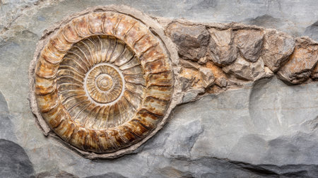 Discover a stunning close-up of a fossilized ammonite nestled in natural stone, showcasing intricate textures and patterns from ancient history.の素材