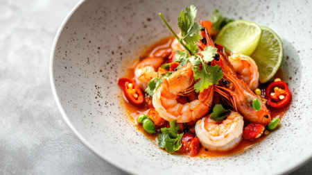 A vibrant bowl of shrimp Tom Yum soup featuring fresh ingredients like lime, chili, and coriander. Perfect for a spicy and flavorful meal.の素材