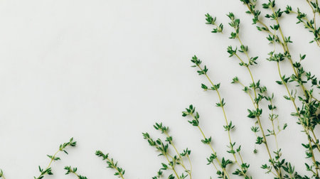 Fresh thyme sprigs arranged elegantly on a light background, perfect for culinary use or decoration. Capture the essence of nature and flavor in your projects.の素材