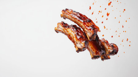 Experience the enticing appeal of juicy barbecued pork ribs captured in a dynamic shot, showcasing rich flavors and mouthwatering details, perfect for food lovers.の素材