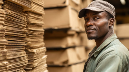 A focused man lifting materials in a warehouse filled with stacked cardboard. The image captures the essence of hard work and dedication in an industrial setting.の素材