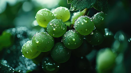 This close-up image features fresh green grapes on the vine, glistening with water droplets, symbolizing freshness and natural beauty in a vineyard setting.の素材