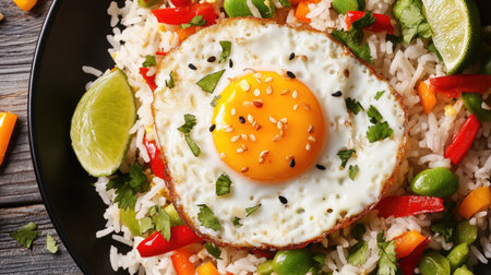 A close-up of delicious fried rice topped with a fried egg, colorful vegetables, and fresh lime. Perfect for showcasing tasty culinary creations.の素材